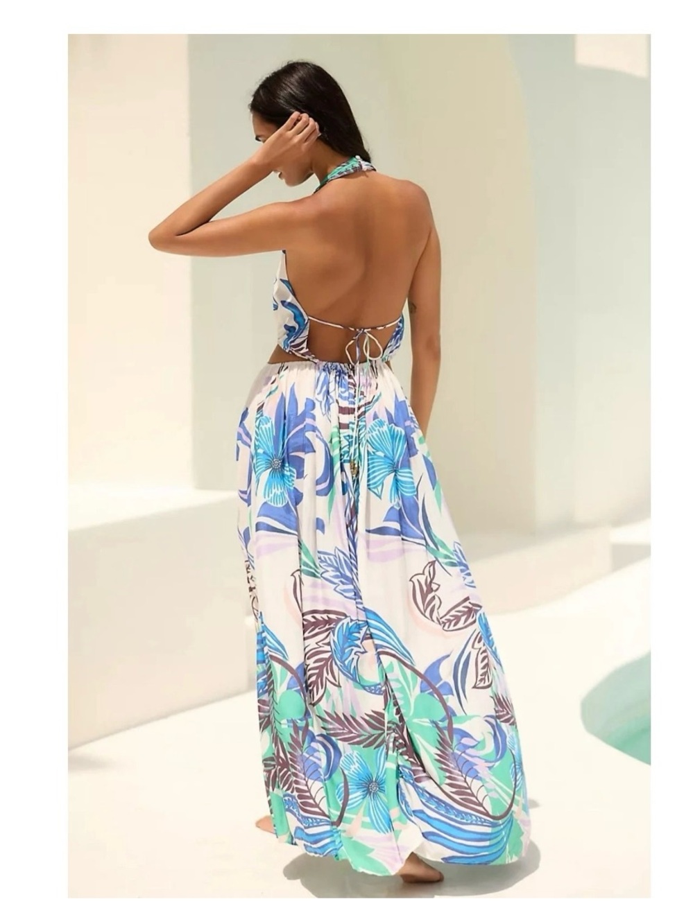 Anthropologie Halter Plunge Maxi Dress in Blue, Green & Lavender Size Medium - Picture 2 of 8